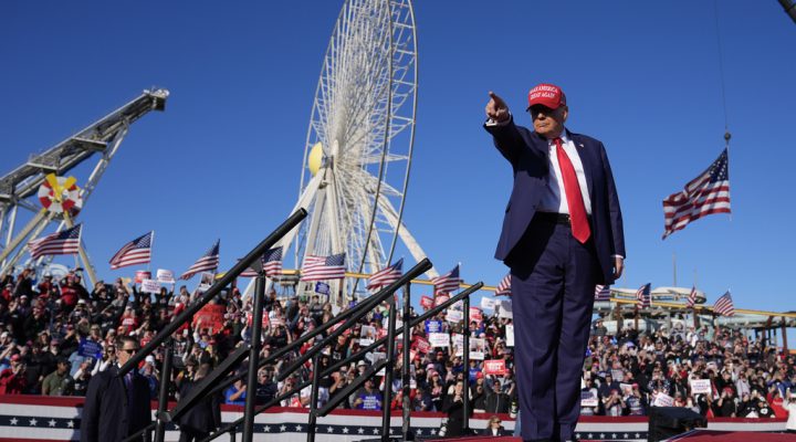 Republican presidential candidate former President Donald Trump gestures to the crowd during a campaign rally in Wildwood, N.J., Saturday, May 11, 2024. (AP Photo/Matt Rourke)