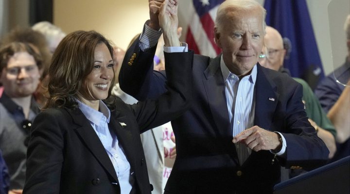 FILE - Democratic presidential nominee Vice President Kamala Harris, left, and President Joe Biden attend a campaign event at the IBEW Local Union #5 union hall in Pittsburgh, on Labor Day, Sept. 2, 2024. (AP Photo/Jacquelyn Martin, File)