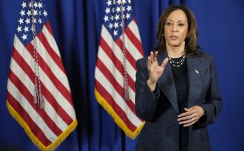 Democratic presidential nominee Vice President Kamala Harris speaks to reporters after delivering remarks at a church service at Greater Emmanuel Institutional Church of God in Christ, Sunday, Nov. 3, 2024, in Detroit. (AP Photo/Jacquelyn Martin)