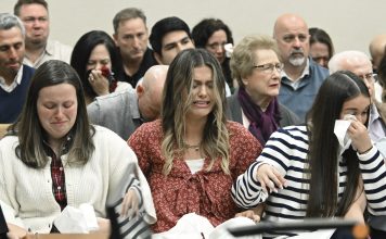 Family members and friends of Laken Riley react as Superior Court Judge H. Patrick Haggard announces the verdict during a trial of Jose Ibarra at Athens-Clarke County Superior Court, Wednesday, Nov. 20, 2024, in Athens, Ga. (Hyosub Shin/Atlanta Journal-Constitution via AP, Pool)