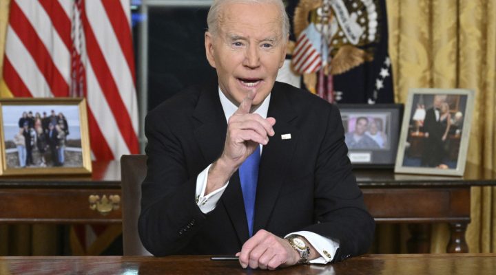 President Joe Biden speaks from the Oval Office of the White House as he gives his farewell address Wednesday, Jan. 15, 2025, in Washington. (Mandel Ngan/Pool via AP)