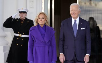 President Joe Biden and first lady Jill Biden walk out to greet Vice President Kamala Harris and second gentleman Doug Emhoff upon their arrival at the White House, Monday, Jan. 20, 2025, in Washington. (AP Photo/Alex Brandon)