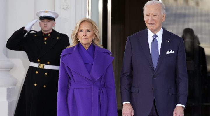 President Joe Biden and first lady Jill Biden walk out to greet Vice President Kamala Harris and second gentleman Doug Emhoff upon their arrival at the White House, Monday, Jan. 20, 2025, in Washington. (AP Photo/Alex Brandon)