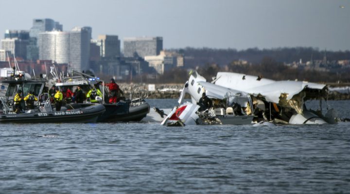 In this image provided by the U.S. Coast Guard, wreckage is seen in the Potomac River near Ronald Reagan Washington National Airport, Thursday, Jan. 30, 2025 in Washington. (Petty Officer 2nd Class Taylor Bacon, U.S. Coast Guard via AP)