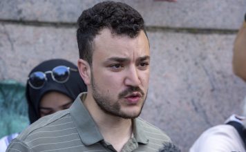 FILE - Mahmoud Khalil on the Columbia University campus in New York at an anti-Semitic protest encampment on April 29, 2024. (AP Photo/Ted Shaffrey, file)