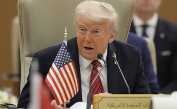 President Donald Trump speaks during the Gulf Cooperation Council (GCC) Summit in Riyadh, Saudi Arabia, Wednesday, May 14, 2025. (AP Photo/Alex Brandon)