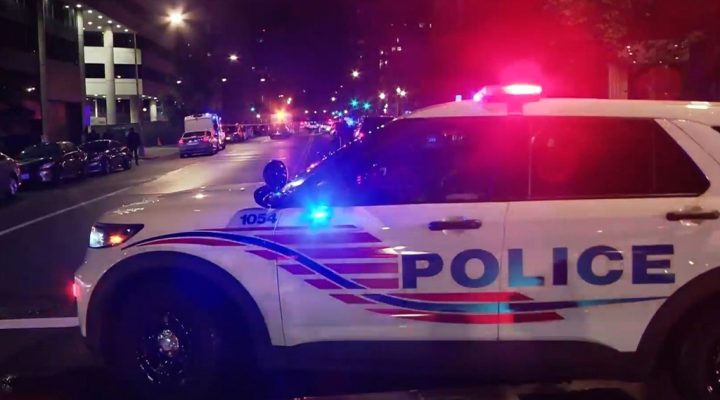 In this image taken from video provided by WJLA, law enforcement work the scene after two staff members of the Israeli embassy in Washington were shot and killed outside the Capital Jewish Museum on Wednesday, May 21, 2025, in Washington. (WJLA via AP)