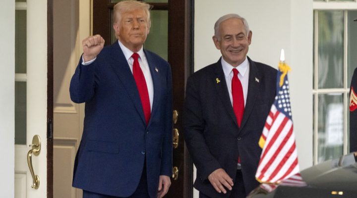 FILE - President Donald Trump, left, stands with Israel's Prime Minister Benjamin Netanyahu at the West Wing of the White House, April 7, 2025, in Washington. (AP Photo/Mark Schiefelbein, File)