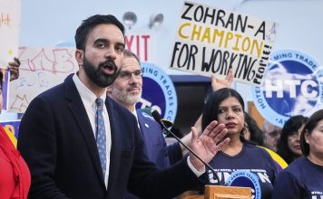 Democrat mayoral candidate Zohran Mamdani speaks during a rally at the Hotel & GamingTrades Council headquarters in New York, Wednesday, July 2, 2025. (AP Photo/Richard Drew)