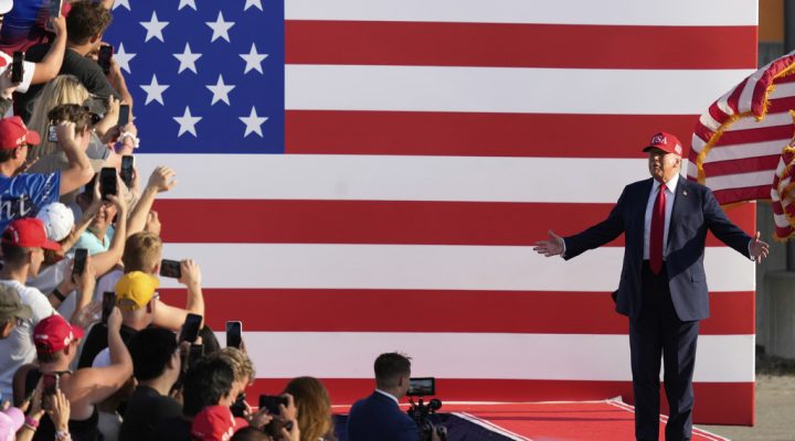 President Donald Trump arrives to speak at a rally at the Iowa State Fairgrounds, Thursday, July 3, 2025, in Des Moines, Iowa. (AP Photo/Charlie Neibergall)
