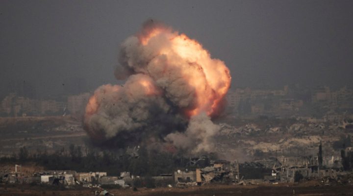 Smoke and fire rise to the sky following an IDF strike in the northern Gaza Strip, as seen from southern Israel, July 10, 2025. (AP Photo/Leo Correa)