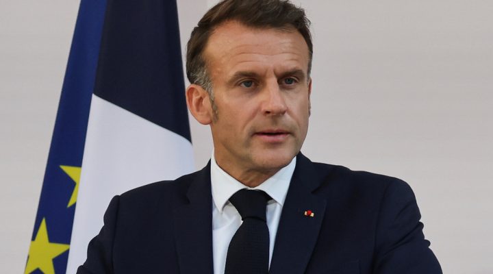 French President Emmanuel Macron speaks to the army leaders at the Hotel le Brienne, Sunday, July 13, 2025, ahead of the Bastille Day parade in Paris. (Ludovic Marin, Pool Photo via AP)