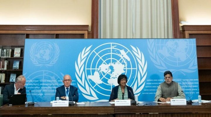Navanethem Pillay (centre right), chair of the United Nations Independent International Commission of Inquiry on the Occupied Palestinian Territory, including East Jerusalem, and Israel, briefs reporters on the first report of the Commission.
At right is Miloon Kothari, and at centre left is Chris Sidoti, members of the Commission. (UN Photo/Jean Marc Ferré)