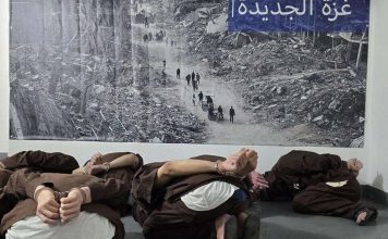 Posters of the destruction in Gaza hanging in security wings for terrorists. Photo: Prison Services spokesperson
