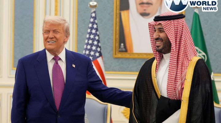 President Trump and Saudi Crown Prince Mohammed bin Salman gesture as they meet delegations at the Royal Palace in Riyadh, Saudi Arabia, Tuesday, May 13, 2025. (AP Photo/Alex Brandon)