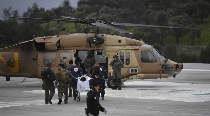 Illustrative. An Israeli medical team evacuate a person injured by a rocket fired by Hezbollah from Lebanon, at Ziv Hospital in Tzfas, northern Israel, Wed. Feb. 14, 2024. (AP/Gil Eliyahu)